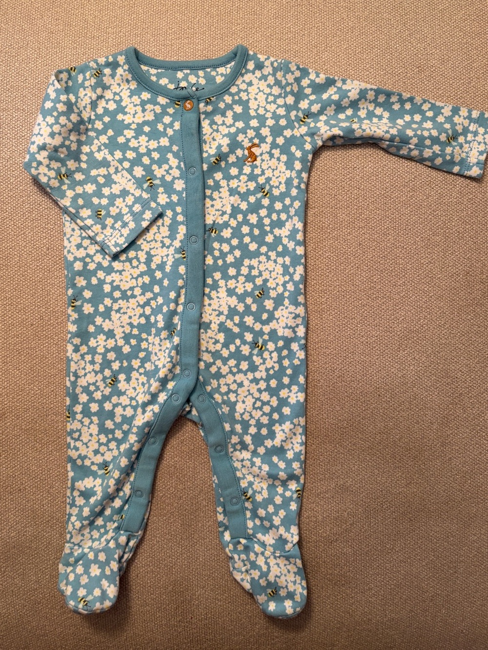 Joules Blue Floral Bee Snap Romper Sleeper Footie Pajamas Size 3-6M